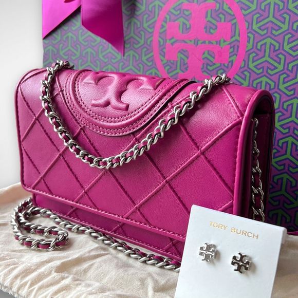 AUTH. NWT Tory Burch Pink Fleming Soft Crossbody Bag & Silver Kira Studs $576 - Picture 14 of 17